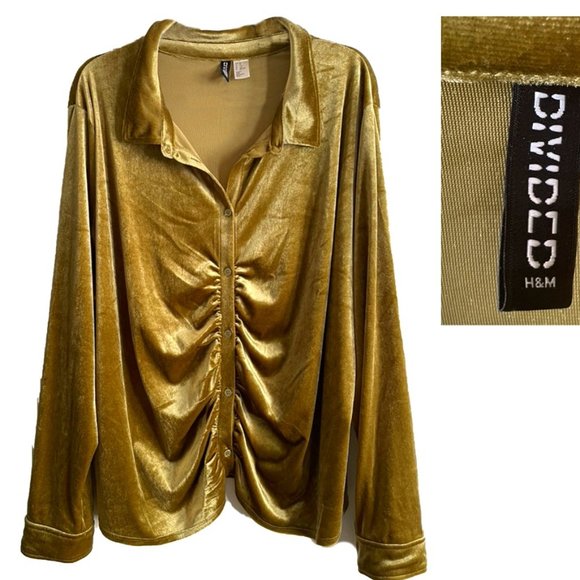 Golden Green Velvet Rouched Button Up - Picture 1 of 2
